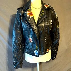 Embroidered Black Leather Jacket